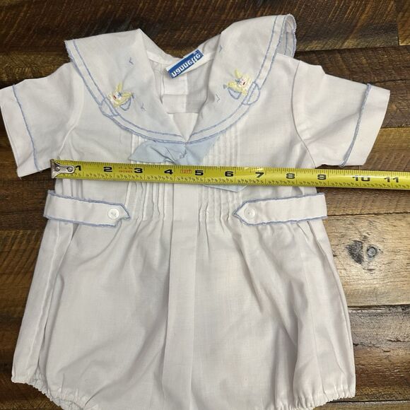 Vintage 1980s 6m Nanette Baby Boy One Piece Romper Rabbit Sailbot Embroidery - Picture 5 of 8